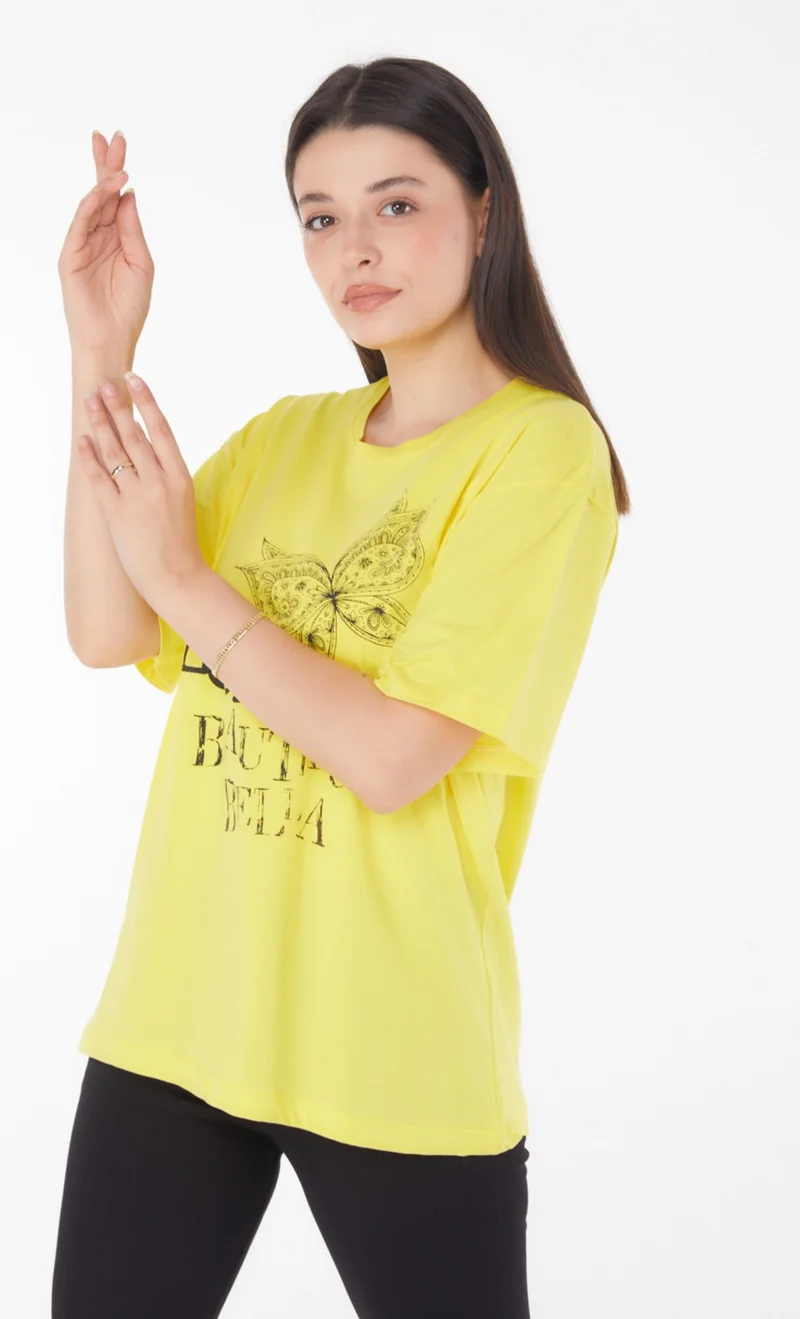 Tofisa Plain Crew Neck Women's Yellow Printed Short Sleeve T-Shirt - 25766