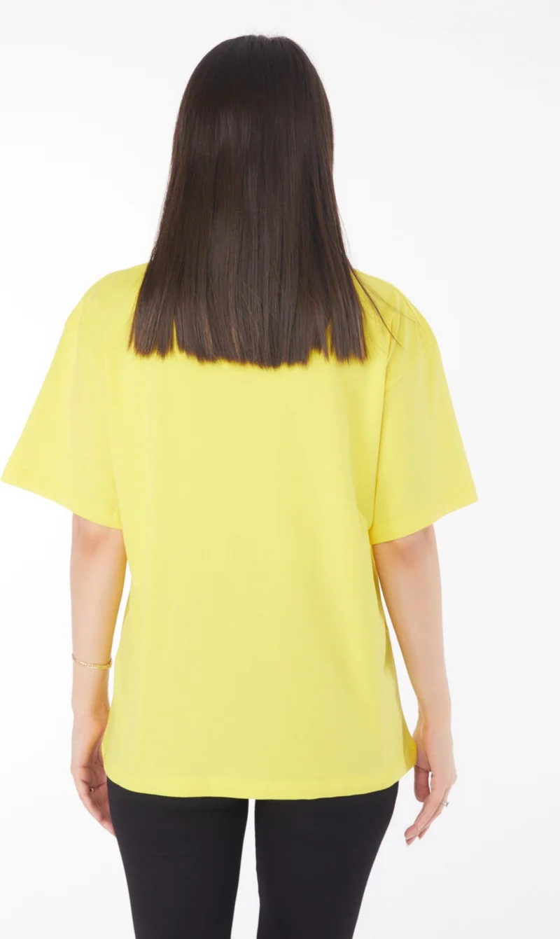 Tofisa Plain Crew Neck Women's Yellow Printed Short Sleeve T-Shirt - 25766