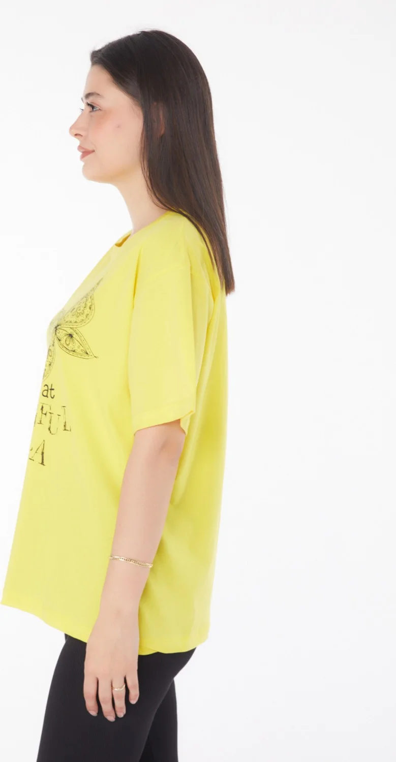 Tofisa Plain Crew Neck Women's Yellow Printed Short Sleeve T-Shirt - 25766
