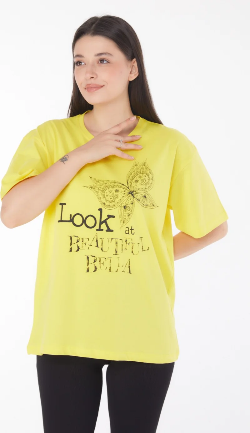 Tofisa Plain Crew Neck Women's Yellow Printed Short Sleeve T-Shirt - 25766