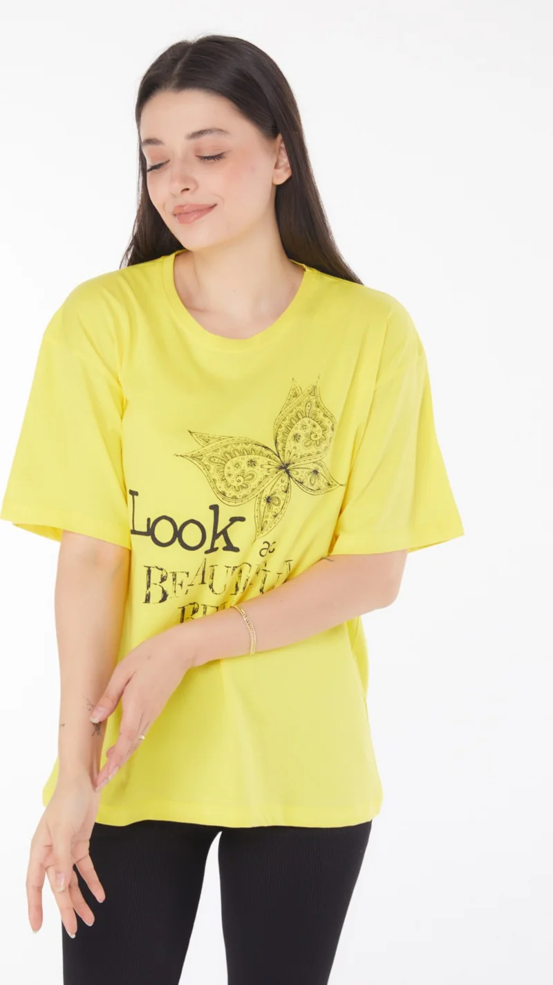 Tofisa Plain Crew Neck Women's Yellow Printed Short Sleeve T-Shirt - 25766