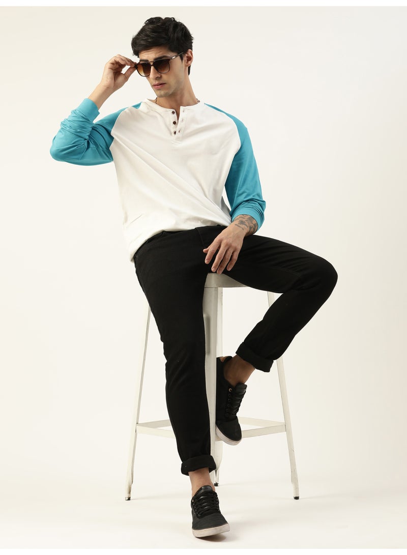 Maniac Maniac Mens Solid Raglan Half Sleeve Henley Neck White and Teal Blue Cotton T-Shirt - Image 5