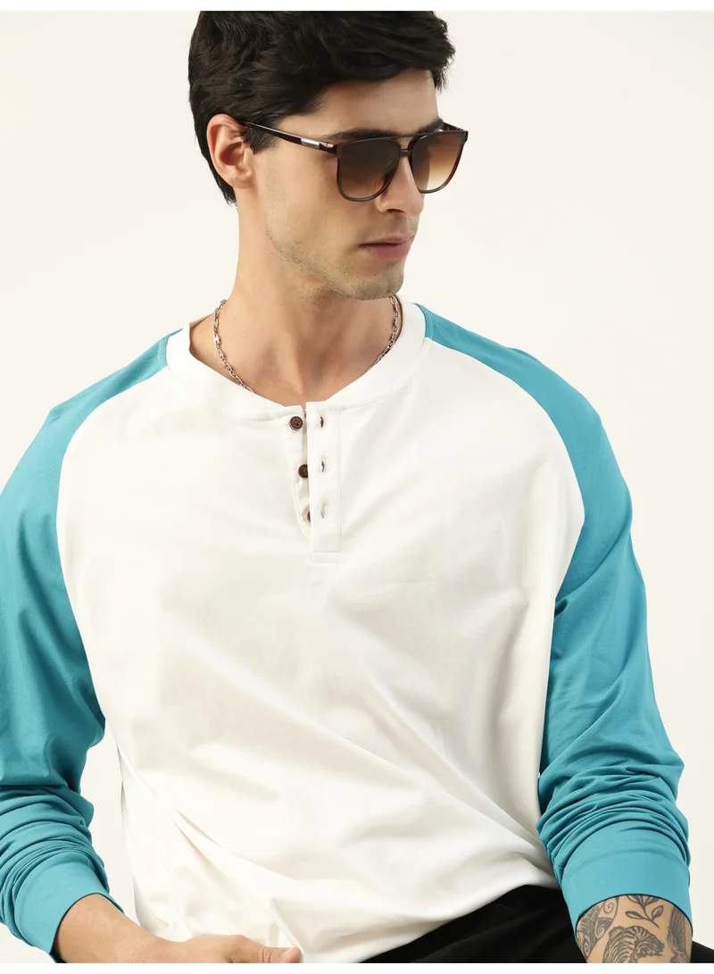 Maniac Maniac Mens Solid Raglan Half Sleeve Henley Neck White and Teal Blue Cotton T-Shirt