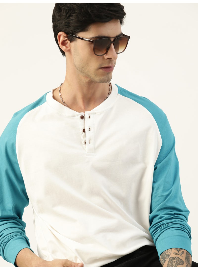 Maniac Maniac Mens Solid Raglan Half Sleeve Henley Neck White and Teal Blue Cotton T-Shirt - Image 2