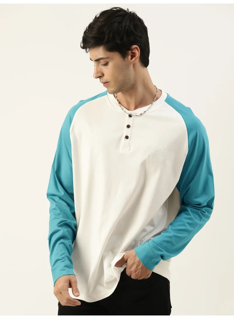 Maniac Maniac Mens Solid Raglan Half Sleeve Henley Neck White and Teal Blue Cotton T-Shirt