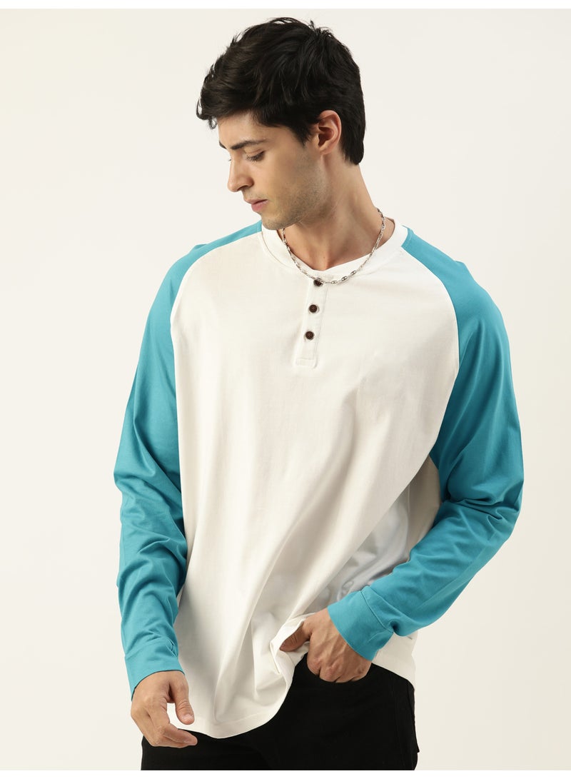 Maniac Maniac Mens Solid Raglan Half Sleeve Henley Neck White and Teal Blue Cotton T-Shirt - Image 1