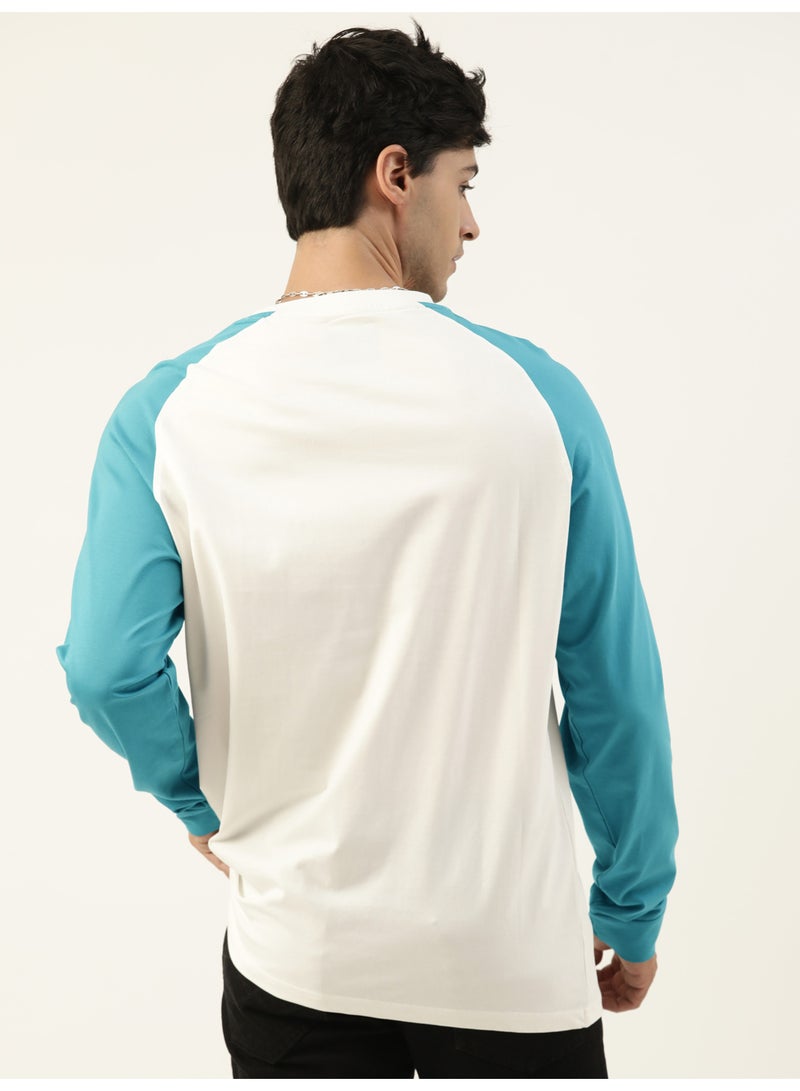 Maniac Maniac Mens Solid Raglan Half Sleeve Henley Neck White and Teal Blue Cotton T-Shirt - Image 4