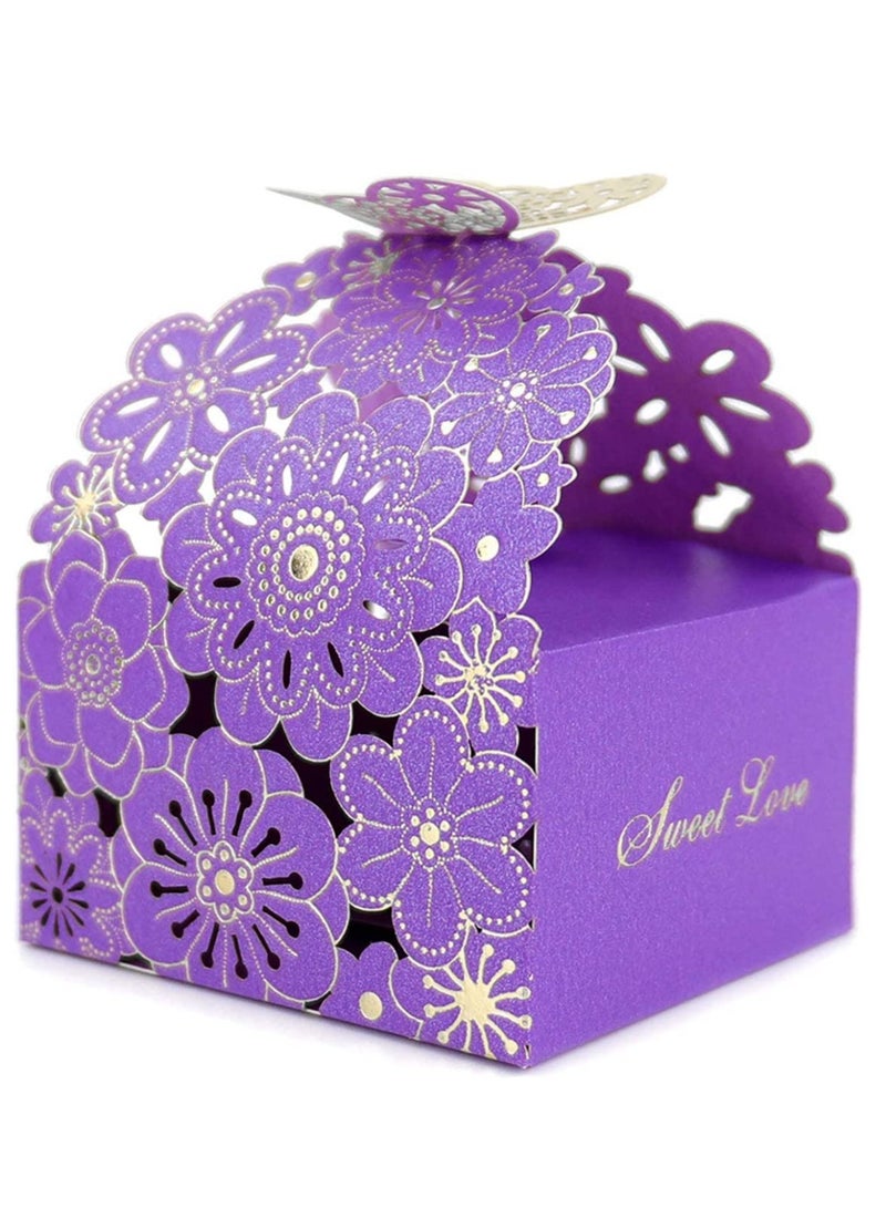 50Pcs/Set Flower Butterfly Hollow Candy Box, Cookie Gift Boxes Butterfly Party Decoration, for Wedding Bridal Birthday Party Supplies Purple - Image 1