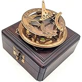 A S Handicrafts A S Handicrafts Brass Sundial Compass with Wood Case - Gilbert Sundial Camping/Hiking Steampunk Accessory - Antique  - Image 1