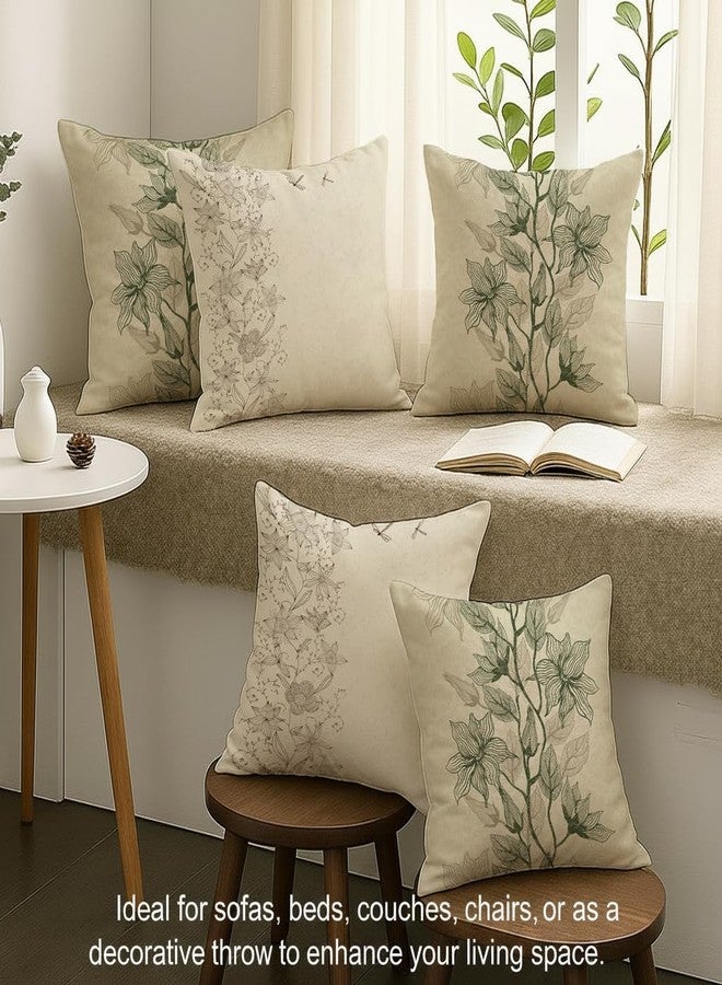 STITCHNEST مجموعة ستيتشنست من 5 أغطية وسائد من البوليستر والقطن - مقاس 18×18 بوصة - طبعة فنية نباتية باللونين البيج والزيتوني - أغطية وسائد أنيقة مزينة بالزهور للأريكة وغرفة المعيشة | مثالية لديكور المنزل - Image 3