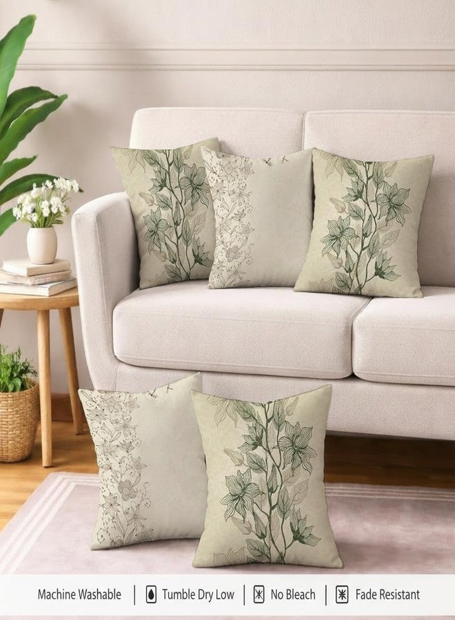 STITCHNEST مجموعة ستيتشنست من 5 أغطية وسائد من البوليستر والقطن - مقاس 18×18 بوصة - طبعة فنية نباتية باللونين البيج والزيتوني - أغطية وسائد أنيقة مزينة بالزهور للأريكة وغرفة المعيشة | مثالية لديكور المنزل - Image 5