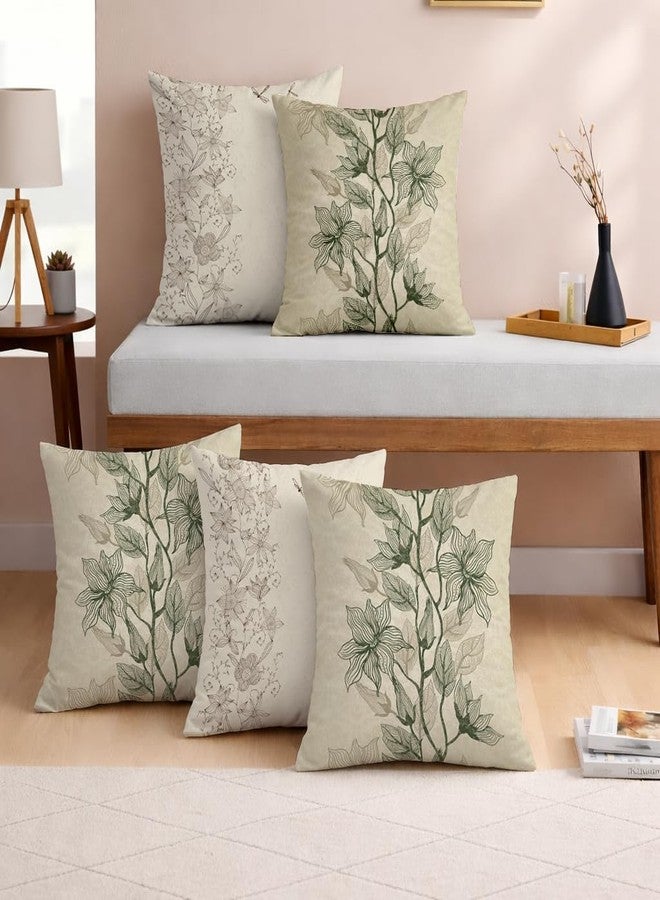 STITCHNEST مجموعة ستيتشنست من 5 أغطية وسائد من البوليستر والقطن - مقاس 18×18 بوصة - طبعة فنية نباتية باللونين البيج والزيتوني - أغطية وسائد أنيقة مزينة بالزهور للأريكة وغرفة المعيشة | مثالية لديكور المنزل - Image 1