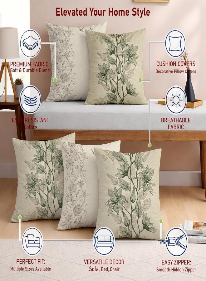STITCHNEST مجموعة ستيتشنست من 5 أغطية وسائد من البوليستر والقطن - مقاس 18×18 بوصة - طبعة فنية نباتية باللونين البيج والزيتوني - أغطية وسائد أنيقة مزينة بالزهور للأريكة وغرفة المعيشة | مثالية لديكور المنزل - Image 4