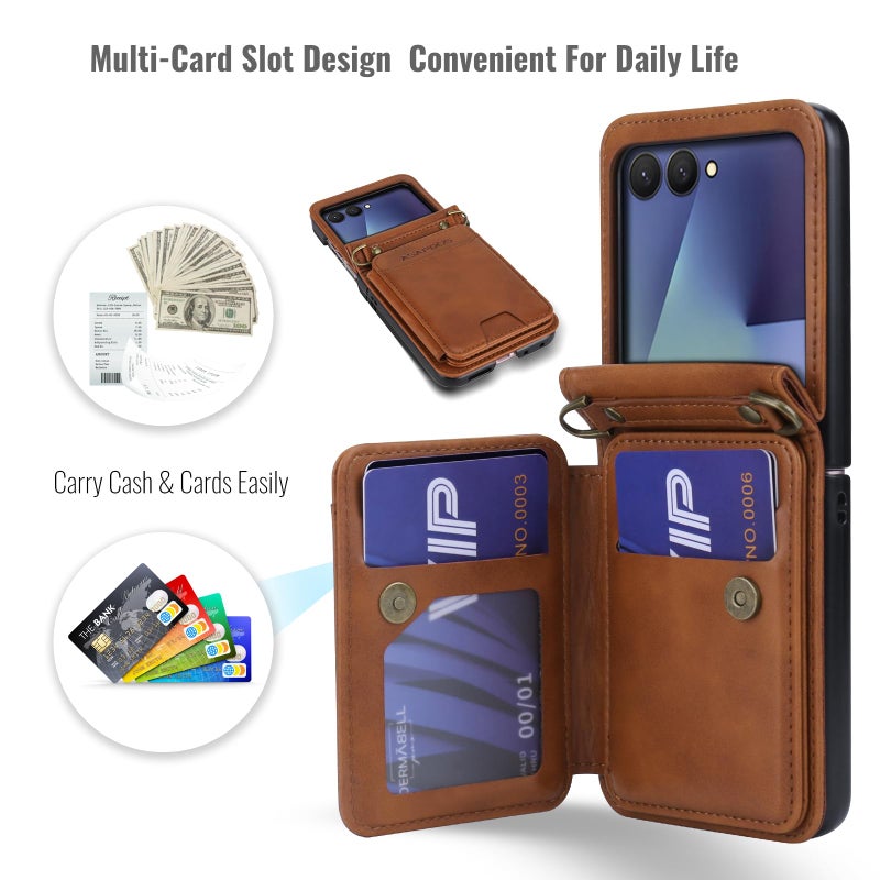 ASAPDOS for Samsung Galaxy Z Flip 7 PU Leather Wallet Phone Case with Card Slots (Holds 5 Cards), Anti-Drop Protection, Wrist & Shoulder Strap Brown - Image 2