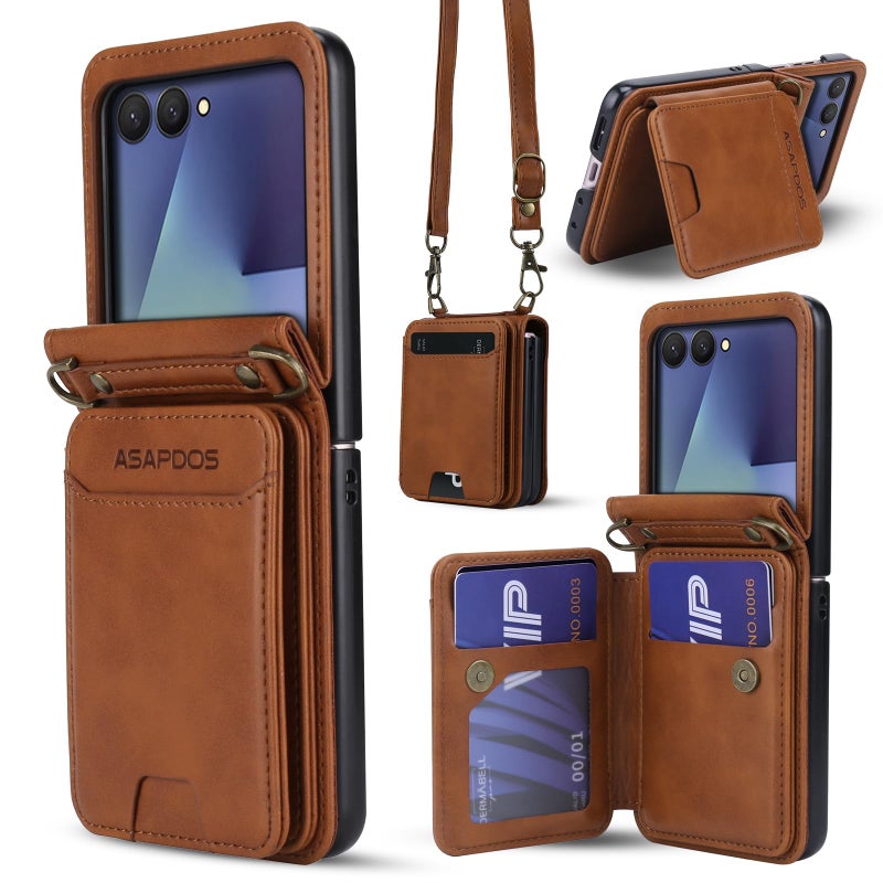 ASAPDOS for Samsung Galaxy Z Flip 7 PU Leather Wallet Phone Case with Card Slots (Holds 5 Cards), Anti-Drop Protection, Wrist & Shoulder Strap Brown - Image 1