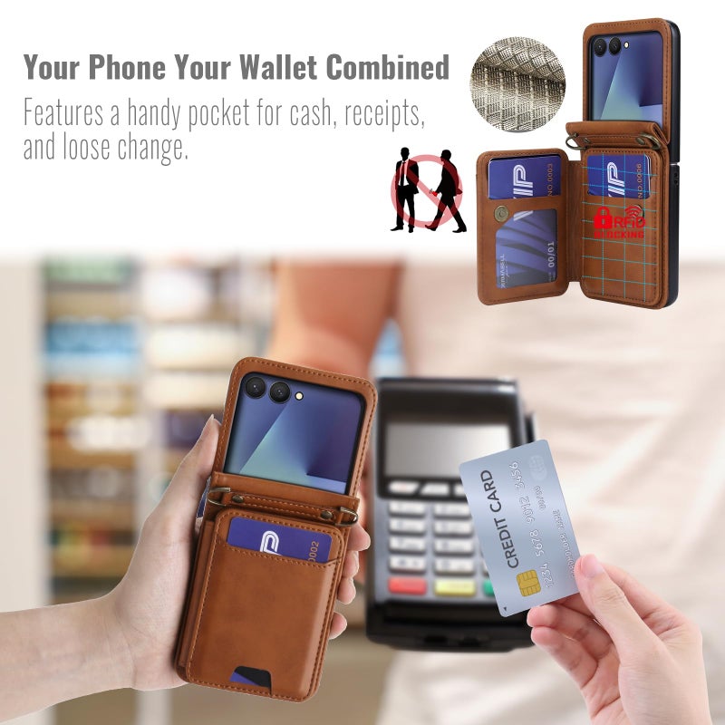 ASAPDOS for Samsung Galaxy Z Flip 7 PU Leather Wallet Phone Case with Card Slots (Holds 5 Cards), Anti-Drop Protection, Wrist & Shoulder Strap Brown - Image 5