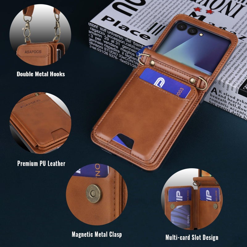 ASAPDOS for Samsung Galaxy Z Flip 7 PU Leather Wallet Phone Case with Card Slots (Holds 5 Cards), Anti-Drop Protection, Wrist & Shoulder Strap Brown - Image 3