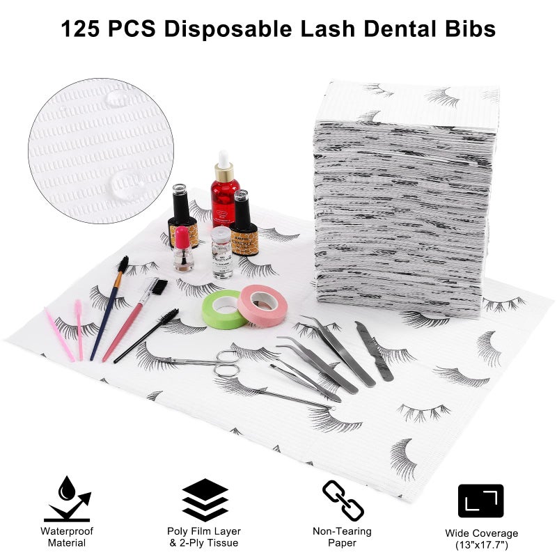 PRASNE Lashing Dental Bibs Disposable Pack of 125, Lash Pillow Cover of Lash Supplies, White 3-Ply Paper Poly Waterproof Towels, 13â€ x 18â€, Black Eyelash Printed - Image 4
