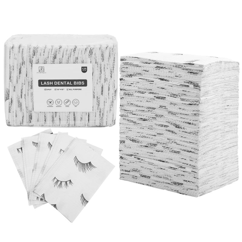 PRASNE Lashing Dental Bibs Disposable Pack of 125, Lash Pillow Cover of Lash Supplies, White 3-Ply Paper Poly Waterproof Towels, 13â€ x 18â€, Black Eyelash Printed - Image 1