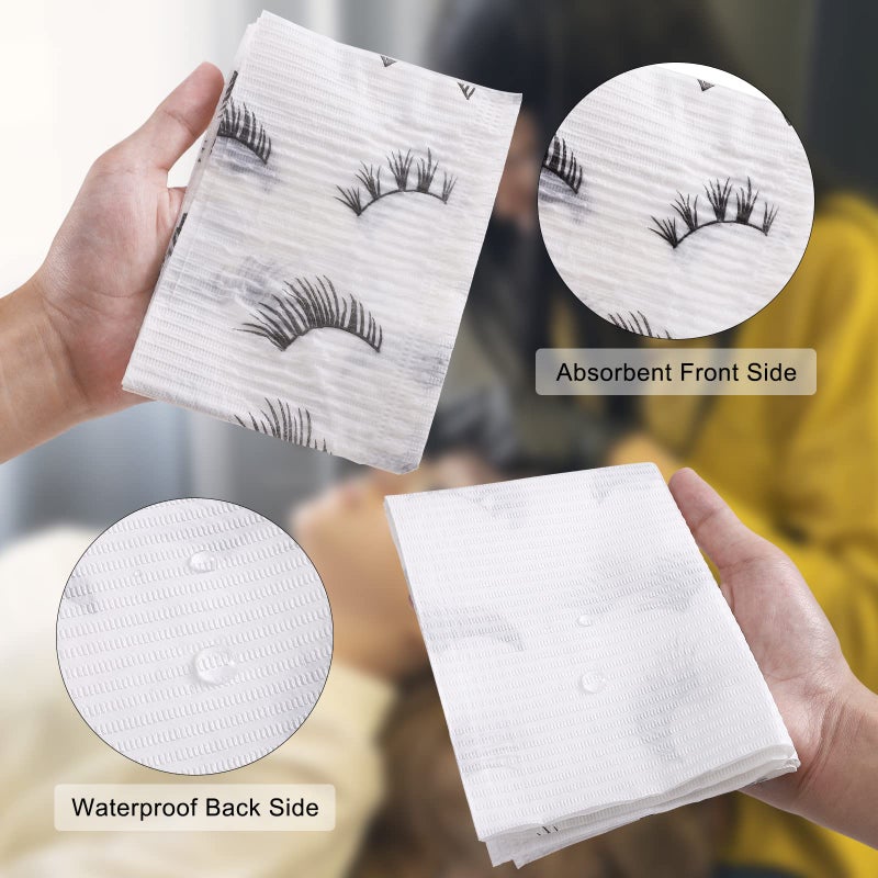 PRASNE Lashing Dental Bibs Disposable Pack of 125, Lash Pillow Cover of Lash Supplies, White 3-Ply Paper Poly Waterproof Towels, 13â€ x 18â€, Black Eyelash Printed - Image 5