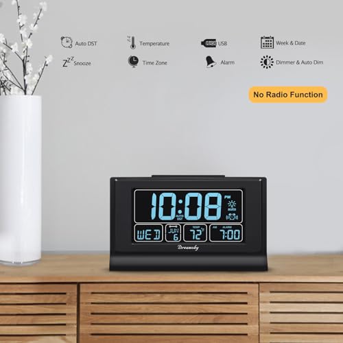 DreamSky Alarm Clocks for Bedrooms with Battery Backup, Auto Set Digital Clock with Date and Day of Week, Temperature, USB Port, Auto DST, Dimmer, 12/24H - Image 4