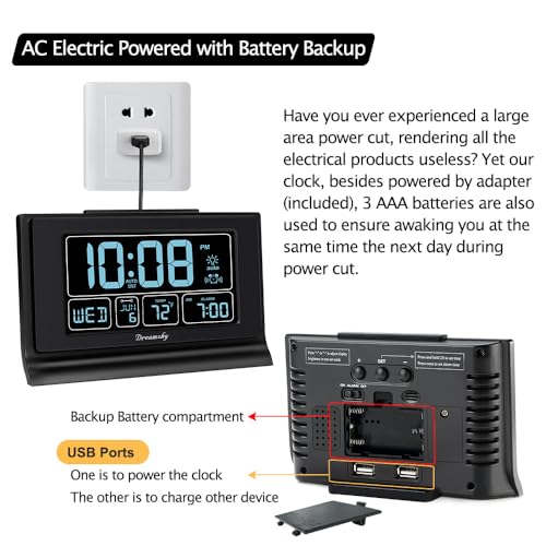 DreamSky Alarm Clocks for Bedrooms with Battery Backup, Auto Set Digital Clock with Date and Day of Week, Temperature, USB Port, Auto DST, Dimmer, 12/24H - Image 5