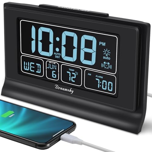 DreamSky Alarm Clocks for Bedrooms with Battery Backup, Auto Set Digital Clock with Date and Day of Week, Temperature, USB Port, Auto DST, Dimmer, 12/24H - Image 1