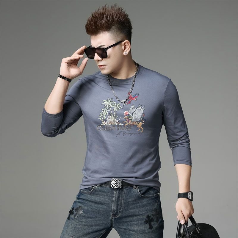 European Station 2024 Autumn New Long-Sleeved T-Shirt Men'S Trendy Brand Fashion Printed Base T-Shirt Round Neck Top For Men - Image 1