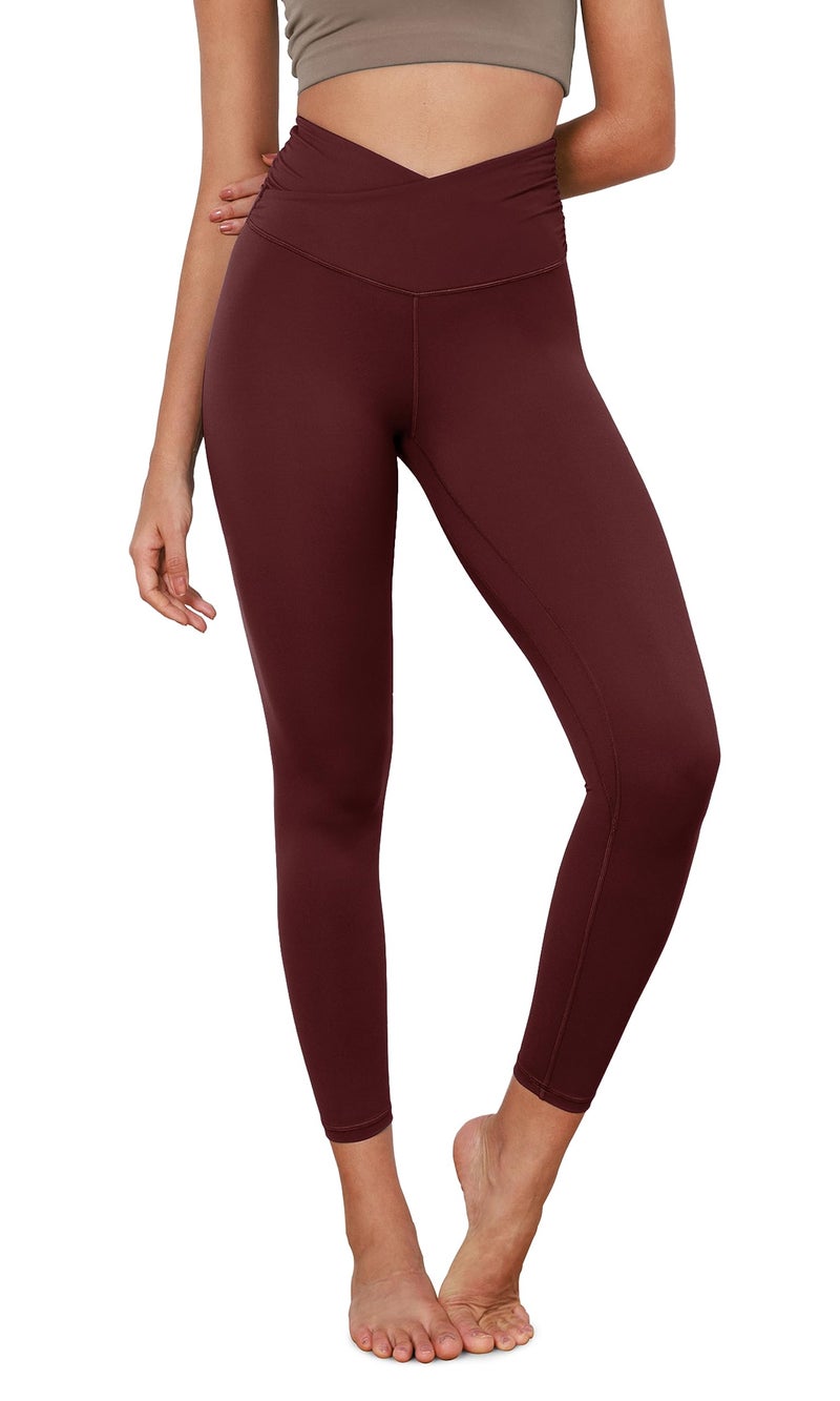 ODODOS Women's Cross Waist 7/8 Yoga Leggings with Inner Pocket, Inseam 25" Gathered Crossover Workout Yoga Pants, Burgundy, Medium - Image 1