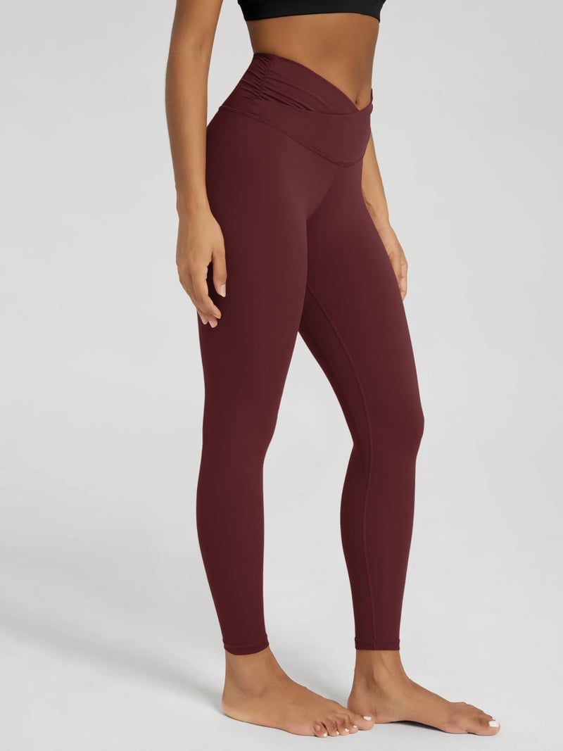 ODODOS Women's Cross Waist 7/8 Yoga Leggings with Inner Pocket, Inseam 25" Gathered Crossover Workout Yoga Pants, Burgundy, Medium - Image 2