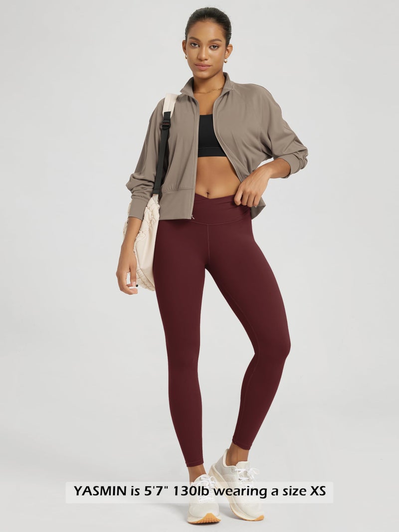 ODODOS Women's Cross Waist 7/8 Yoga Leggings with Inner Pocket, Inseam 25" Gathered Crossover Workout Yoga Pants, Burgundy, Medium - Image 4