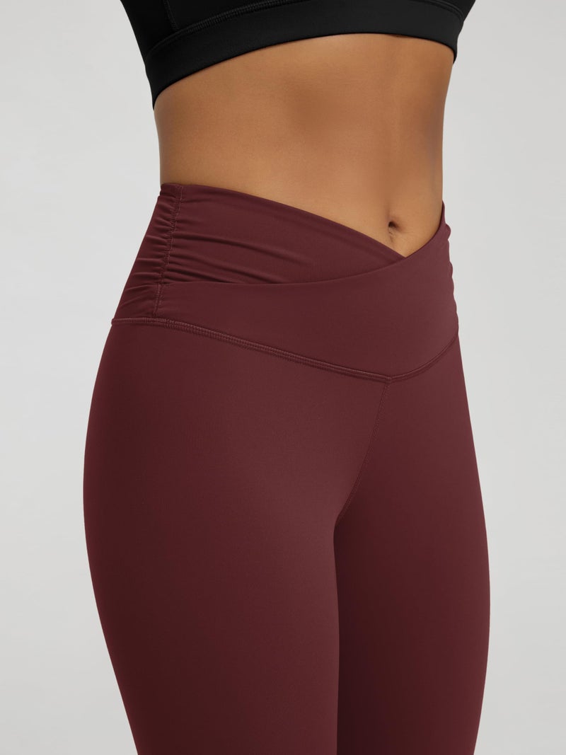 ODODOS Women's Cross Waist 7/8 Yoga Leggings with Inner Pocket, Inseam 25" Gathered Crossover Workout Yoga Pants, Burgundy, Medium - Image 5