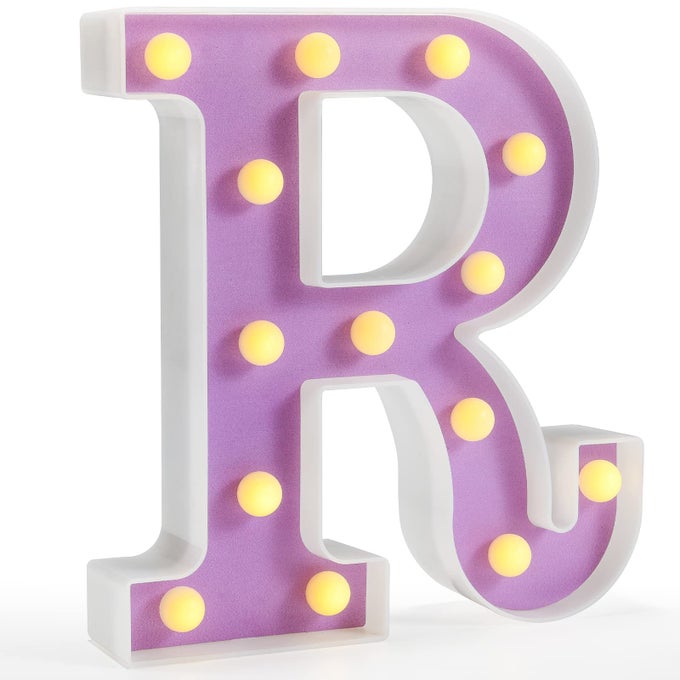 LED LETTER LIGHTS PURPLE LIGHT UP ALPHABET SIGN COLORFUL DIY MARQUEE NIGHT LIGHT WITH WARM WHITE LED HOME PARTY BIRTHDAY WEDDING BAR DECORATION PURPLE LETTER R