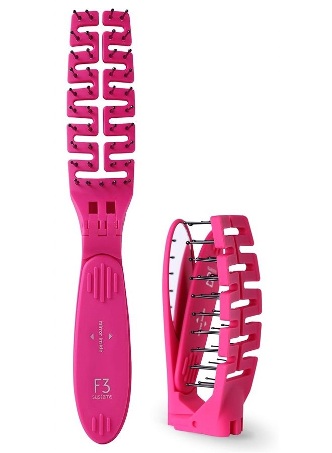 F3 Systems Folding Hair Brush with Mirror, Travel Folding Brush, Compact for Storage, Hair Brush Detangling Comb for Adult and Kids, Portable & Pocket Brush with Mirror, Healthy Shine, Wet & Dry Hair - Image 1
