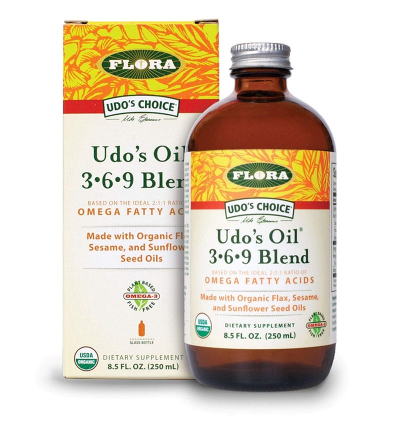 Flora Udos Choice Omega 369 Oil Blend Made with Organic Flax Sesame Sunflower Seed Oils PlantBased Vegan Omega Fatty Acids Based on Ideal 211 Ratio 85fl oz Glass Bottle