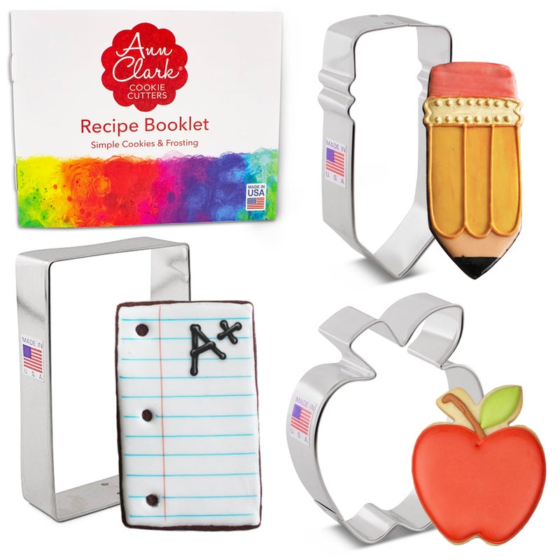 Ann Clark Cookie Cut Back to School & Teacher Appreciation Cookie Cutters 3-Pc. Set Made in the USA by Ann Clark  Apple  Pencil  Notebook  - Image 1