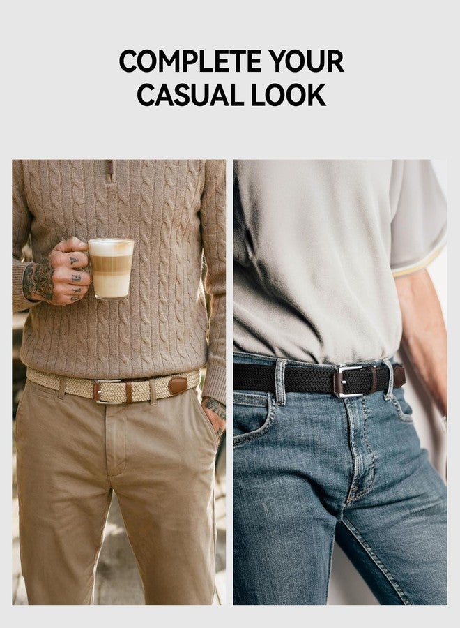 CHAOREN Stretch Belts for Men 2Pack - 1 3/8" Men Elastic Braided Golf Belt - Woven Web Fit Summer Casual Jeans, 2pack-black/Beige, 30"-34"Waist Adjustable - Image 2