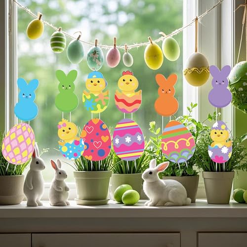 Iceyyyy 12 Pcs Easter Egg Planter Stakes-11 Inch Bunny Egg Chick Planter Stakes-Easter Yard Stakes Garden Signs for Home Plant Pot Party Supplies Outdoor Lawn Decor - Image 3