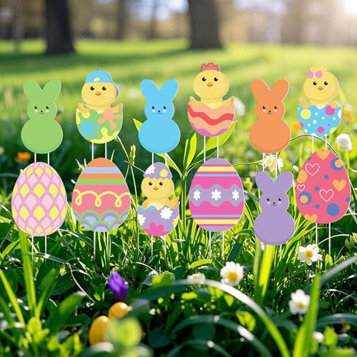 Iceyyyy 12 Pcs Easter Egg Planter Stakes-11 Inch Bunny Egg Chick Planter Stakes-Easter Yard Stakes Garden Signs for Home Plant Pot Party Supplies Outdoor Lawn Decor - Image 5