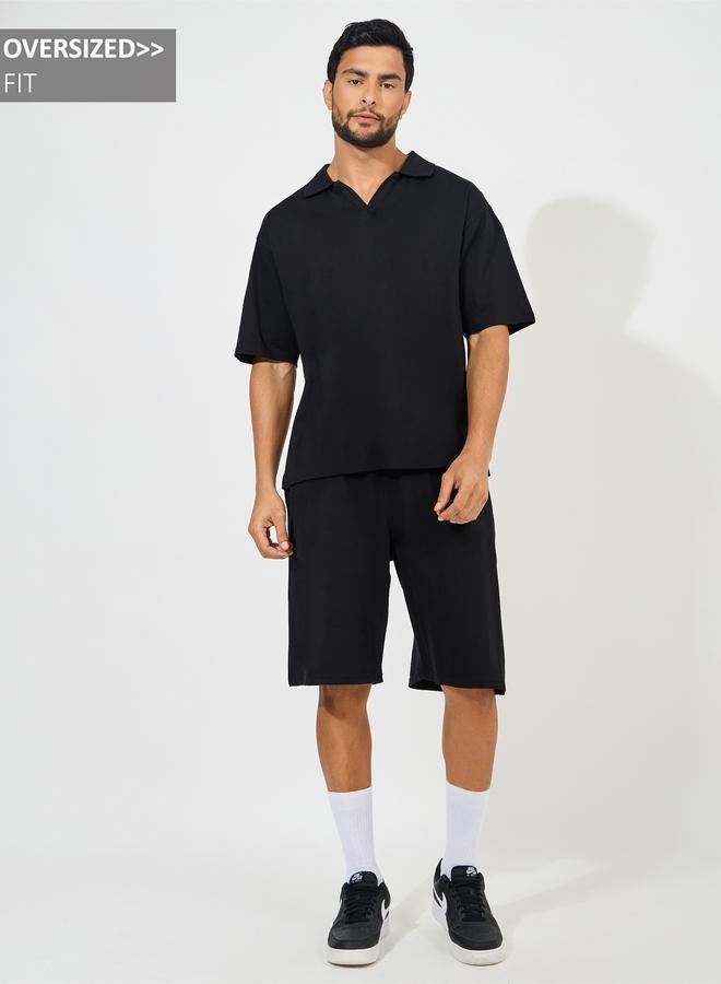 ستايلي طقم بولو وشورت قطني ثقيل بقصة فضفاضة - Image 1