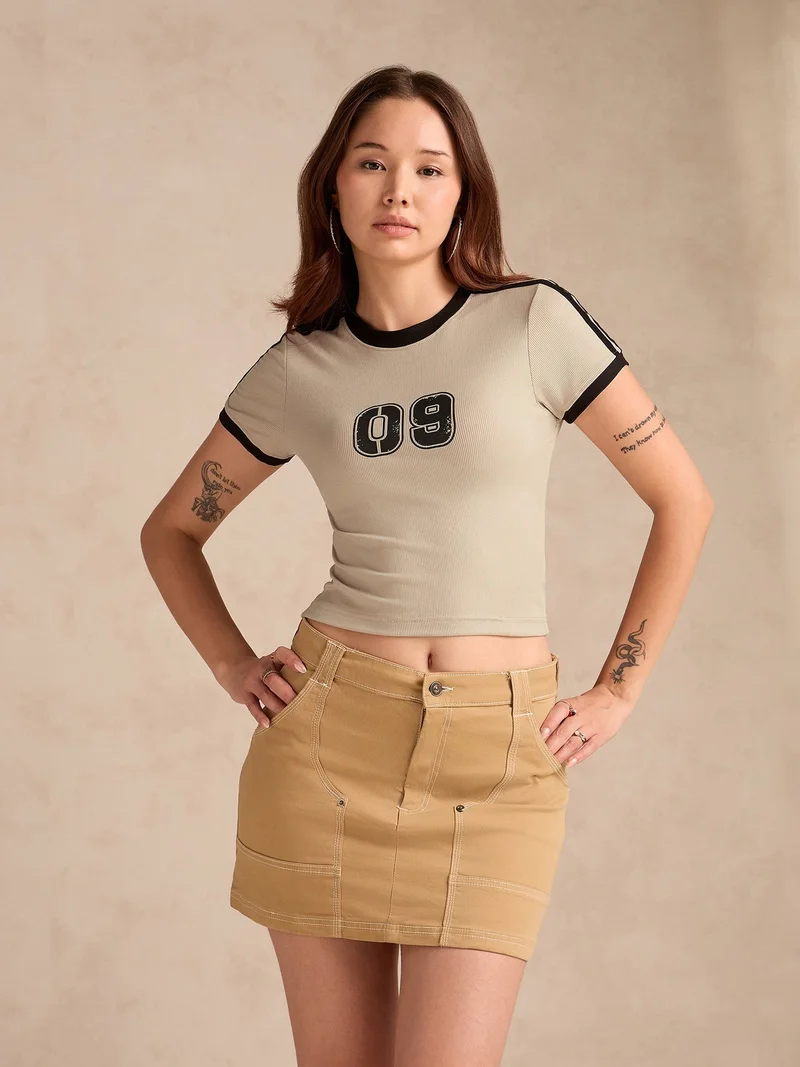 Outzidr beige Beige Cotton Ribbed Contrast Detail Crop Tee for Women | Best Price UAE