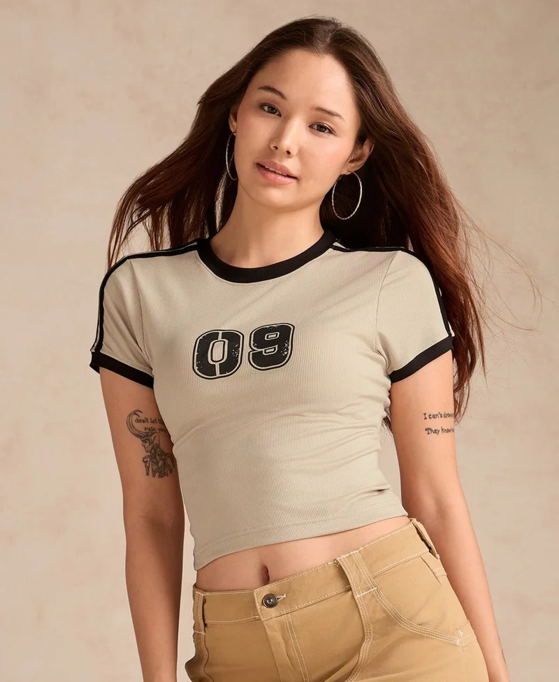 Outzidr beige Beige Cotton Ribbed Contrast Detail Crop Tee for Women | Best Price UAE