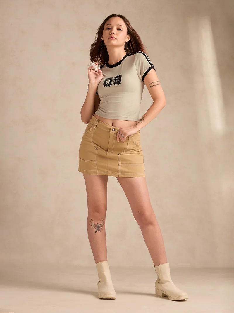 Outzidr beige Beige Cotton Ribbed Contrast Detail Crop Tee for Women | Best Price UAE