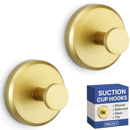 HOME SO Suction Cup Hooks for Shower Bathroom Kitchen Glass Door Mirror Tile Loofah Towel Coat Bath Robe Hook Holder for Hanging up to 15 lbs Waterproof Matte Brushed Satin Gold 2Pack