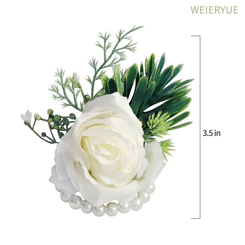 WEIERYUE White Rose Wrist Flowers and Men's Corsage Wedding Flowers Ceremony 2Pcs Boutonniere Buttonholes and Wrist Corsage Wristband Roses Wrist Corsage (2pcs White Wrist Corsages) - Image 5
