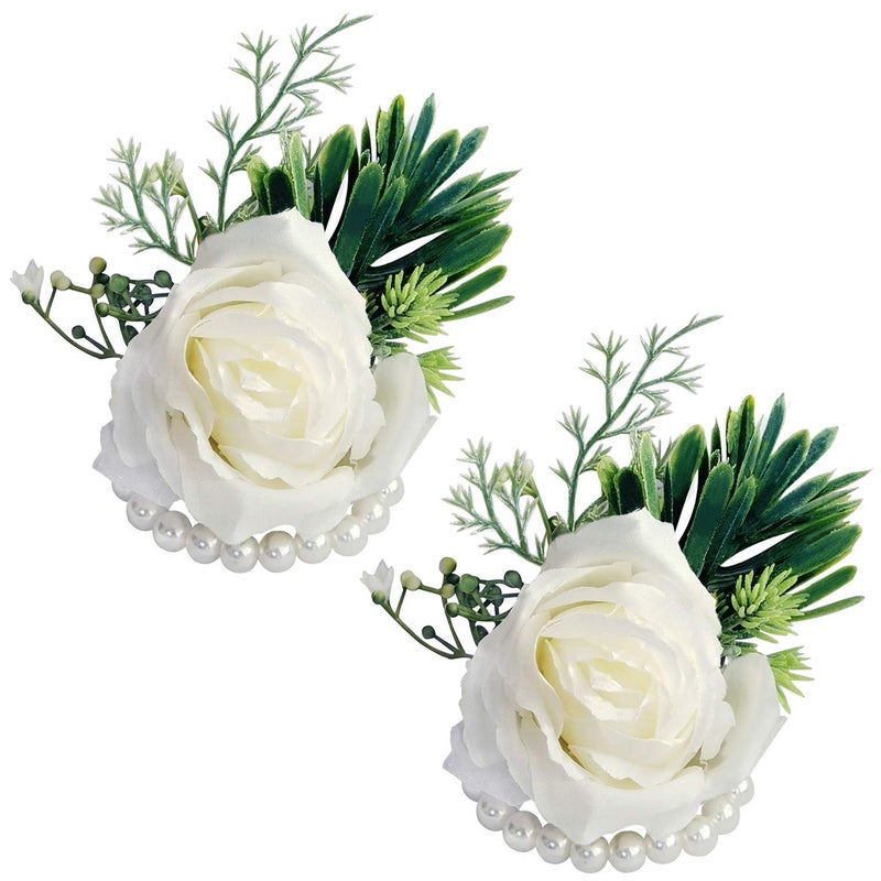 WEIERYUE White Rose Wrist Flowers and Men's Corsage Wedding Flowers Ceremony 2Pcs Boutonniere Buttonholes and Wrist Corsage Wristband Roses Wrist Corsage (2pcs White Wrist Corsages) - Image 1