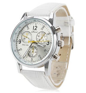 Unisex Fashion Quartz Watch with Triple Dial Casual Leather Belt White 