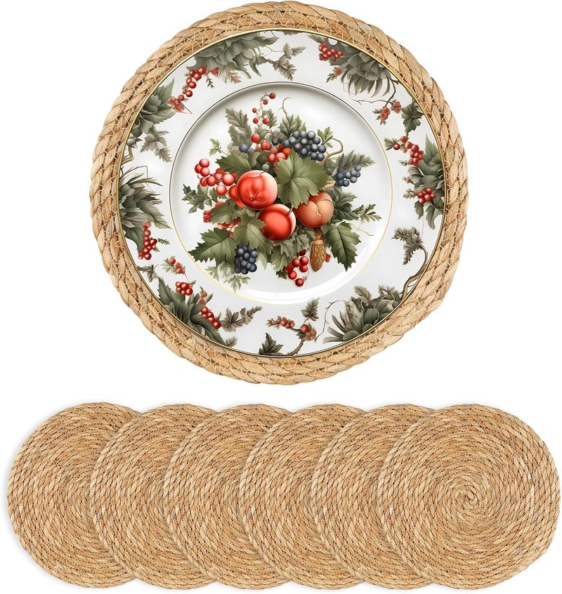 Dimpola Round Woven Placemats 13 inch Set of 6 - Boho Rattan Placemats Natural Water Hyacinth Placemat, Farmhouse Weave Place Mats, Rustic Braided Wicker Table Mats for Dining Table,Home,Wedding - Image 1
