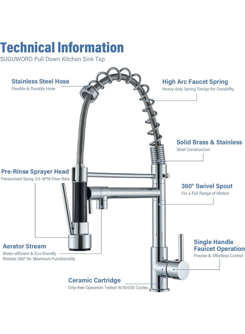 YD Commercial Kitchen Sink Mixer Tap with Pull Out Sprayer - High Arc 360° Rotation Double Spout Brass Faucet, Single Handle - Chrome - Image 4