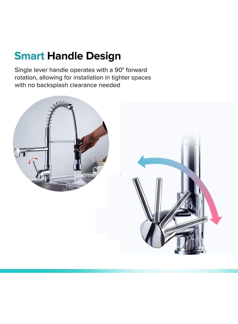 YD Commercial Kitchen Sink Mixer Tap with Pull Out Sprayer - High Arc 360° Rotation Double Spout Brass Faucet, Single Handle - Chrome - Image 2